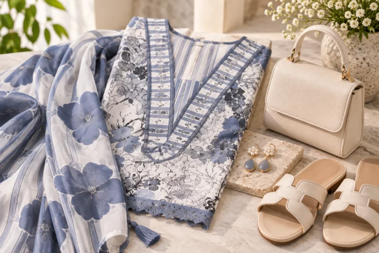 Floral kurta set styling details with coordinated dupatta, understated earrings, neutral sandals and a compact handbag.