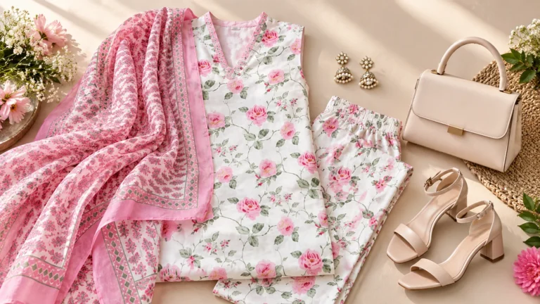 Floral kurta set styling with simple earrings, neutral sandals and handbag inspiration