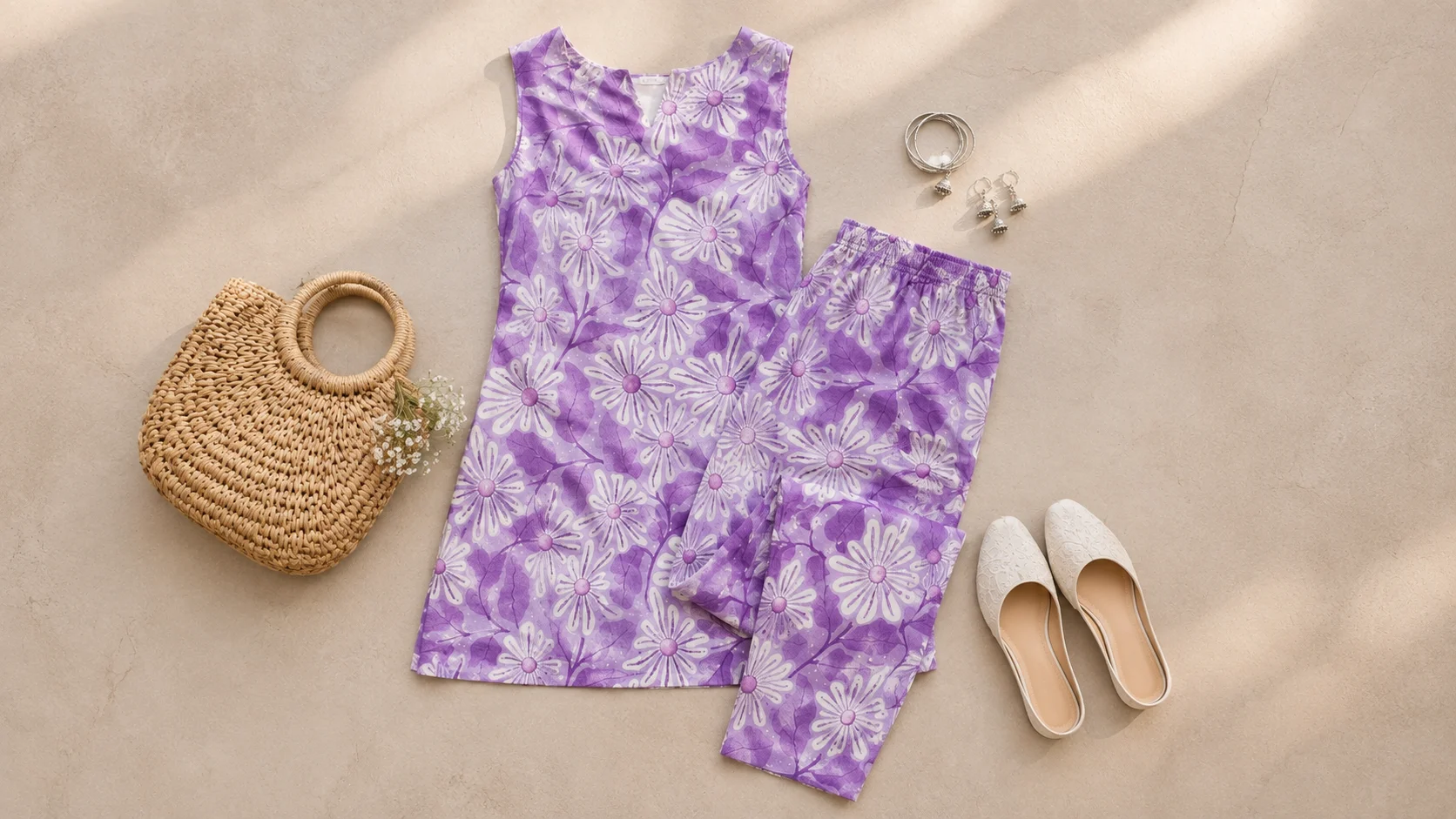 Purple floral kurta set displayed with neutral flats, woven bag and minimal jewellery styling ideas