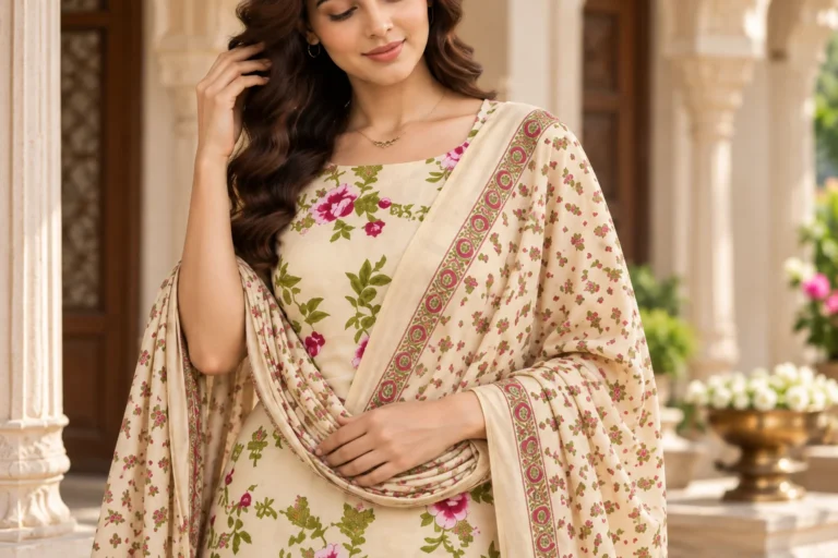 Floral kurta set detail showing pink floral motifs and coordinating printed dupatta border