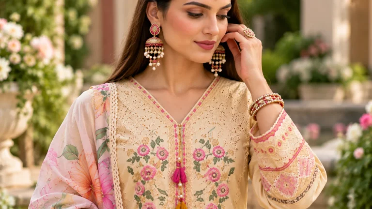 Floral kurta set styling detail showing decorative neckline motifs with coordinated jewellery.
