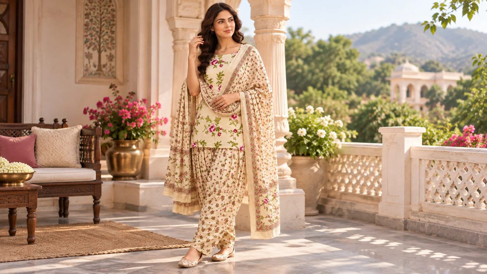 Cream floral kurta set styling with printed salwar and coordinating dupatta for an elegant ethnic wear look
