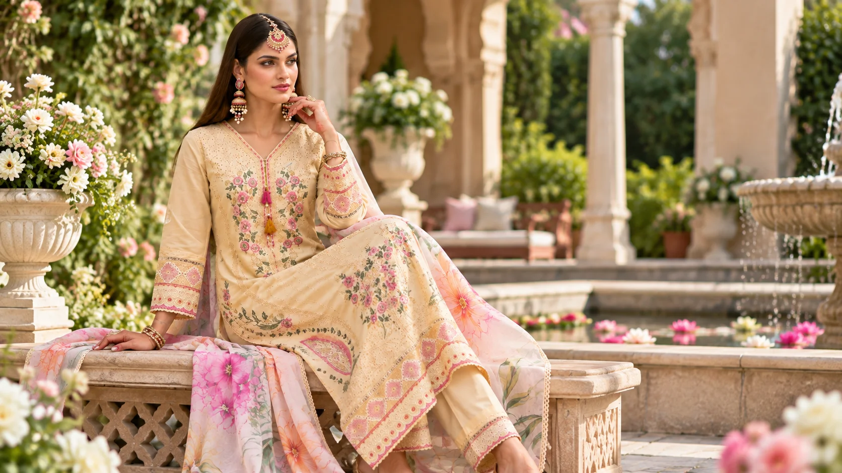 Floral kurta set styling with a cream-toned floral outfit, patterned dupatta and coordinated ethnic accessories.