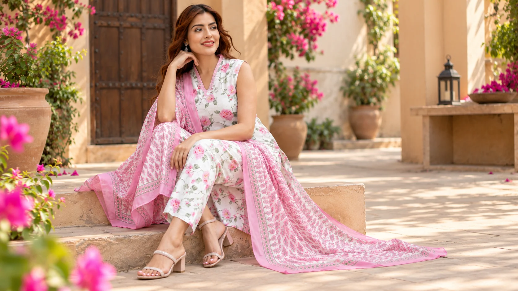 White and pink floral kurta set styling inspiration with printed dupatta for women