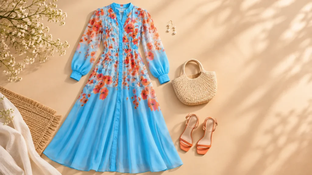 Floral maxi dress styling ideas with restrained bag, sandals and jewellery accessories.