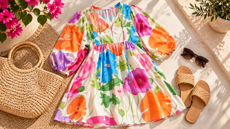 Floral mini dress with simple sandals, sunglasses and a woven bag for summer holiday styling inspiration.