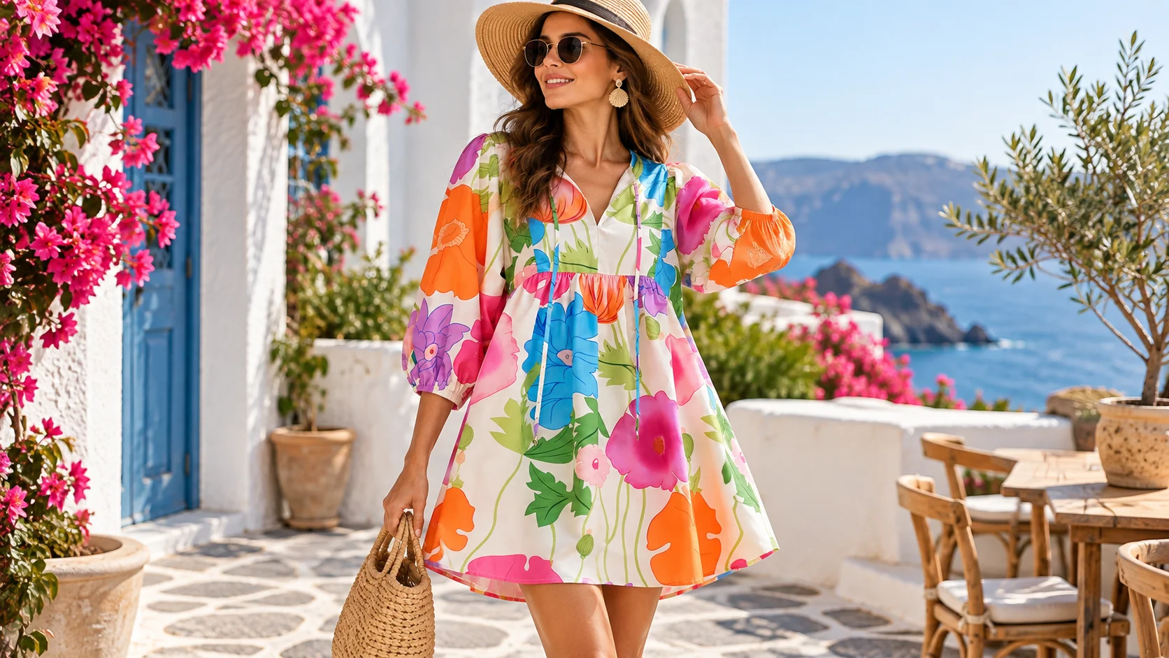 Colourful floral mini dress styled for an effortless women’s summer holiday look with simple accessories.