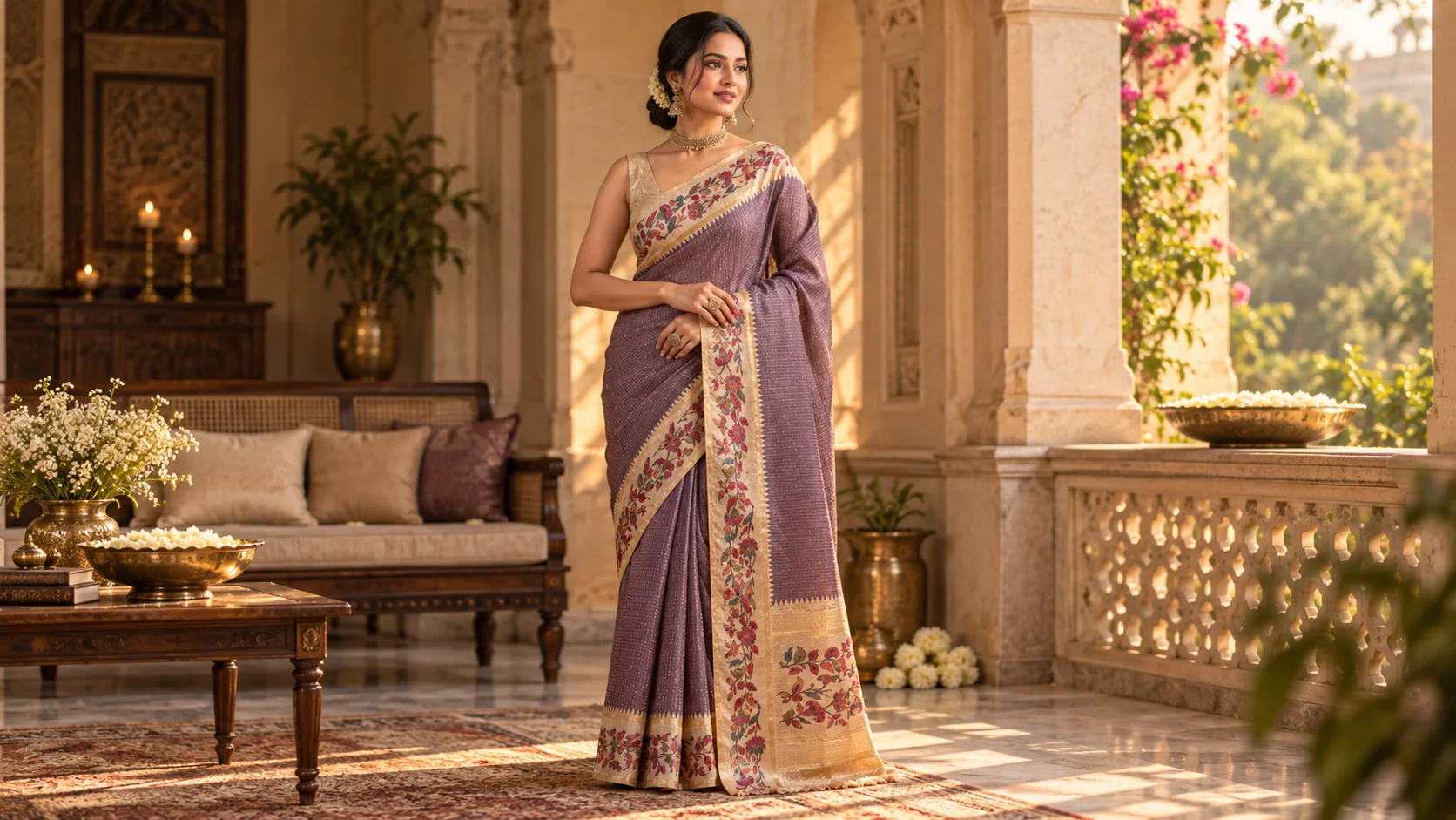 Soch floral woven design zari silk blend tussar saree in mauve plum with cream gold floral border styled for an elegant festive look