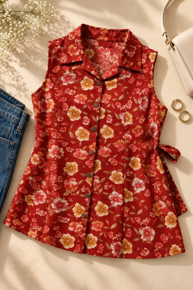 Maroon floral tunic with denim and neutral accessory ideas for simple everyday styling
