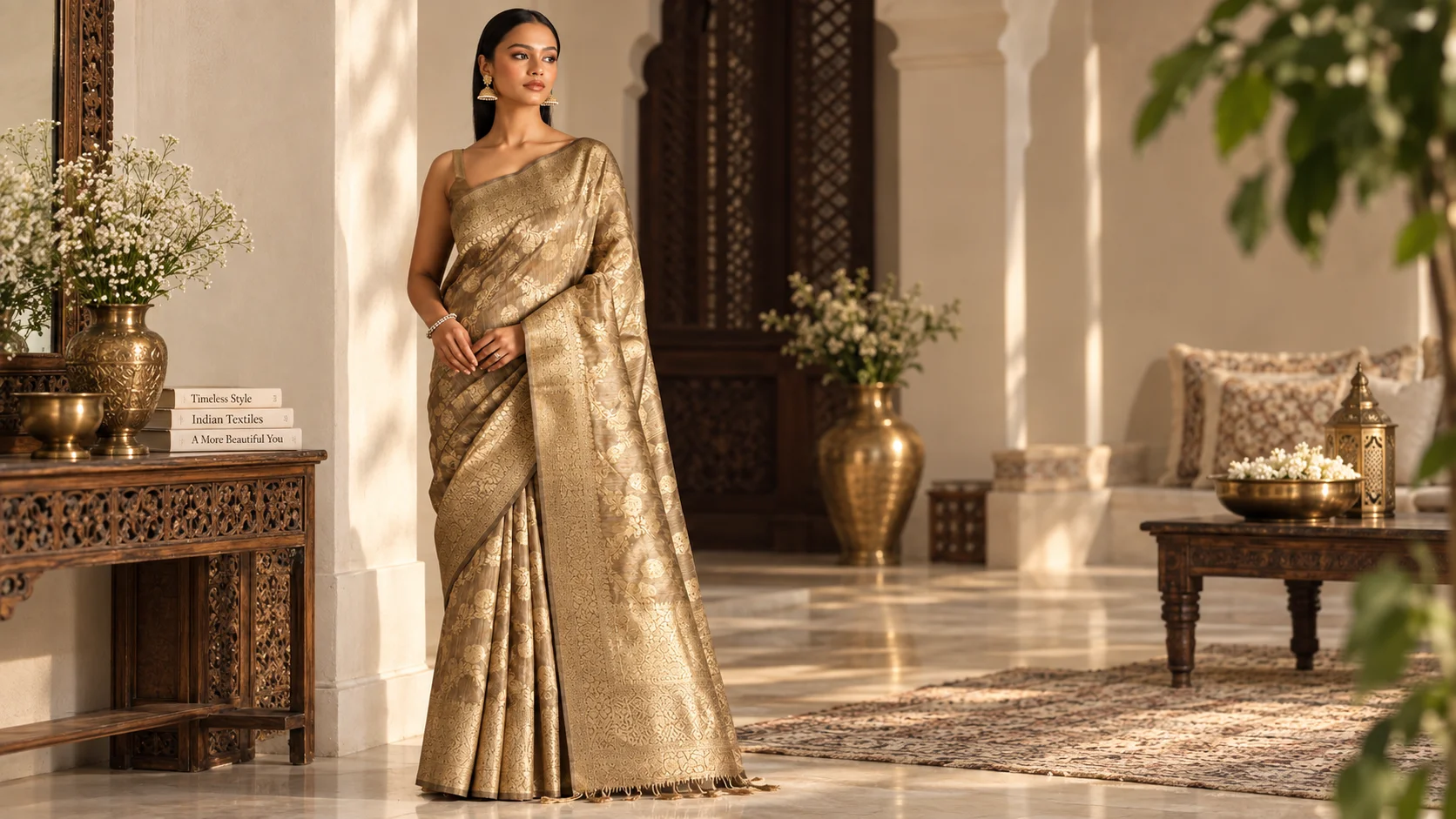 Woman wearing a golden-beige floral printed zari saree with woven design details and an elegant traditional drape in a warm neutral setting.
