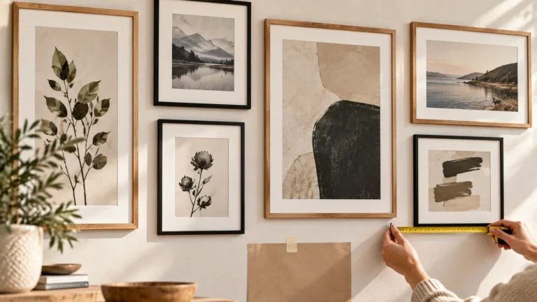 Gallery wall spacing shown between mixed-size frames during layout planning