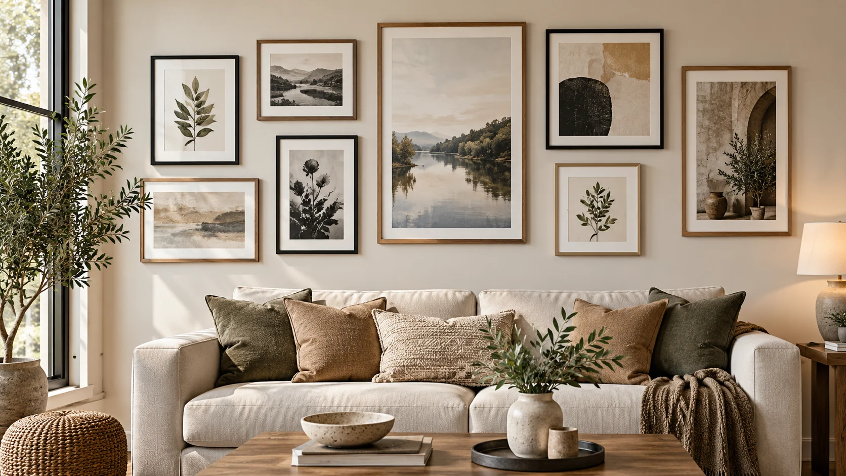 Gallery wall spacing example with balanced framed artwork arranged in a stylish neutral living room