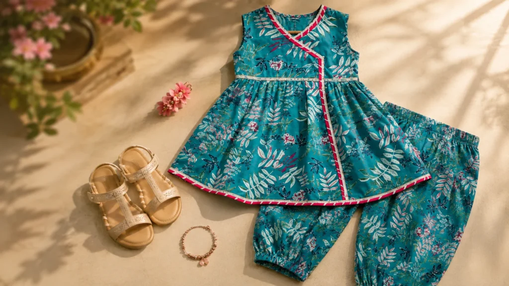 Teal girls Angrakha kurta set with simple footwear and restrained accessory styling ideas