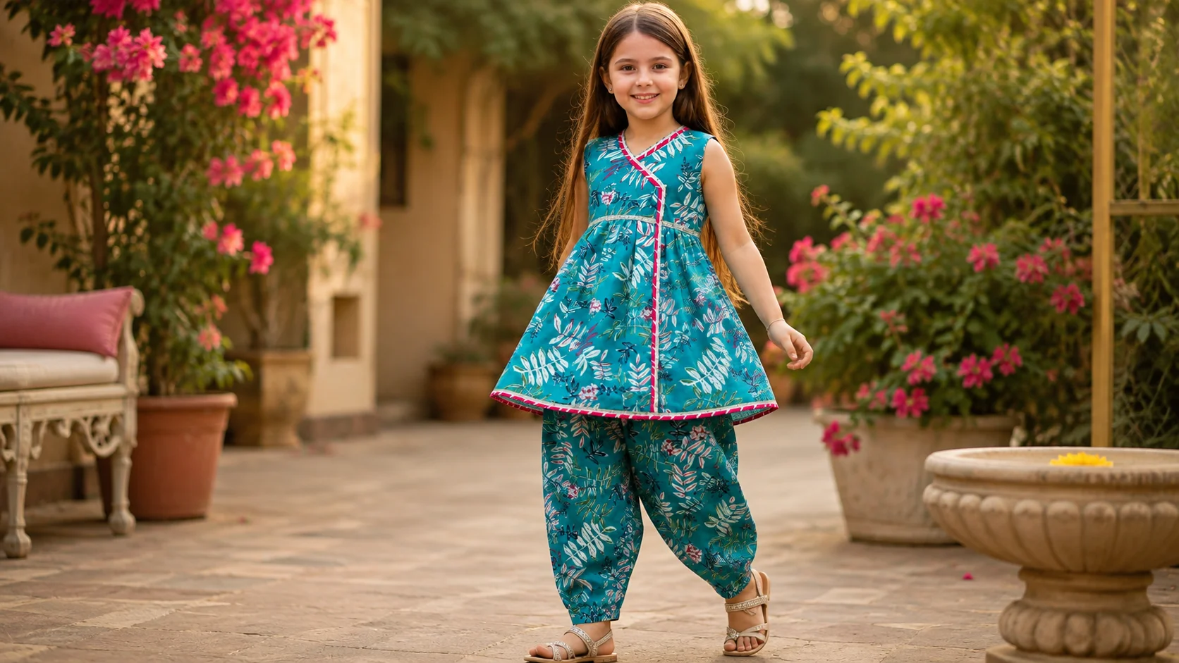Teal floral girls Angrakha kurta set with coordinating dhoti-style pants for kids ethnic wear styling inspiration