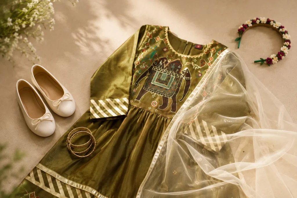 Girls ethnic outfit styling ideas with simple flats, floral hair accessory and restrained bangles.