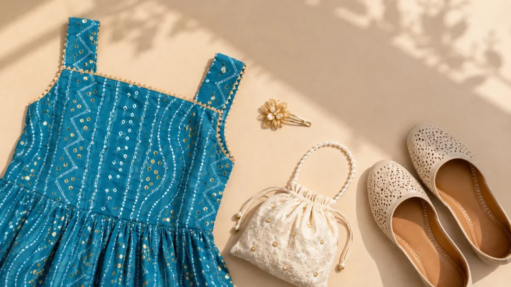 Styling ideas for a teal-blue girls ethnic outfit with neutral footwear and restrained festive accessories.