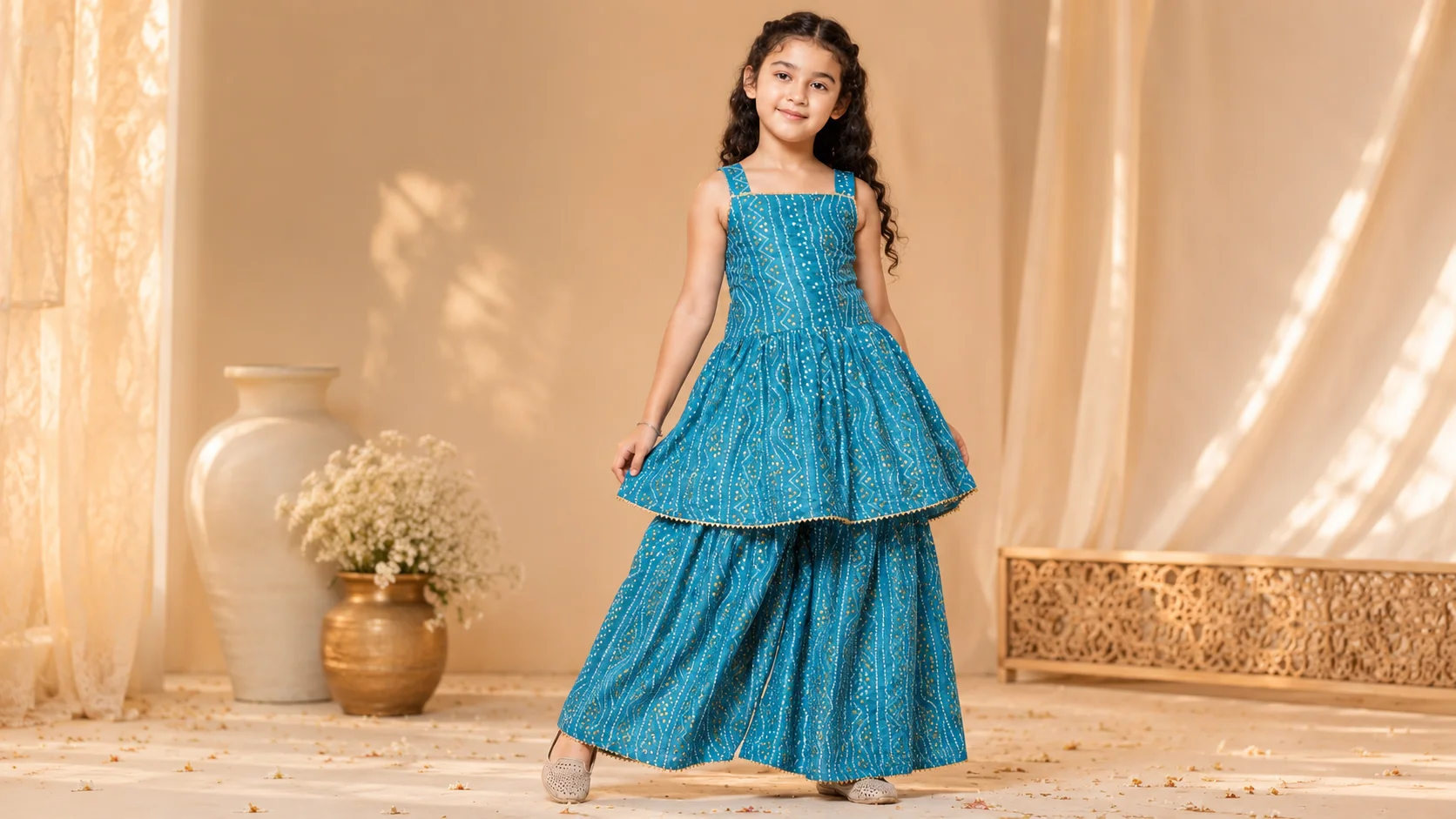 Teal-blue girls ethnic wear outfit with patterned flared top and coordinating wide-leg bottoms styled for a festive fashion look.