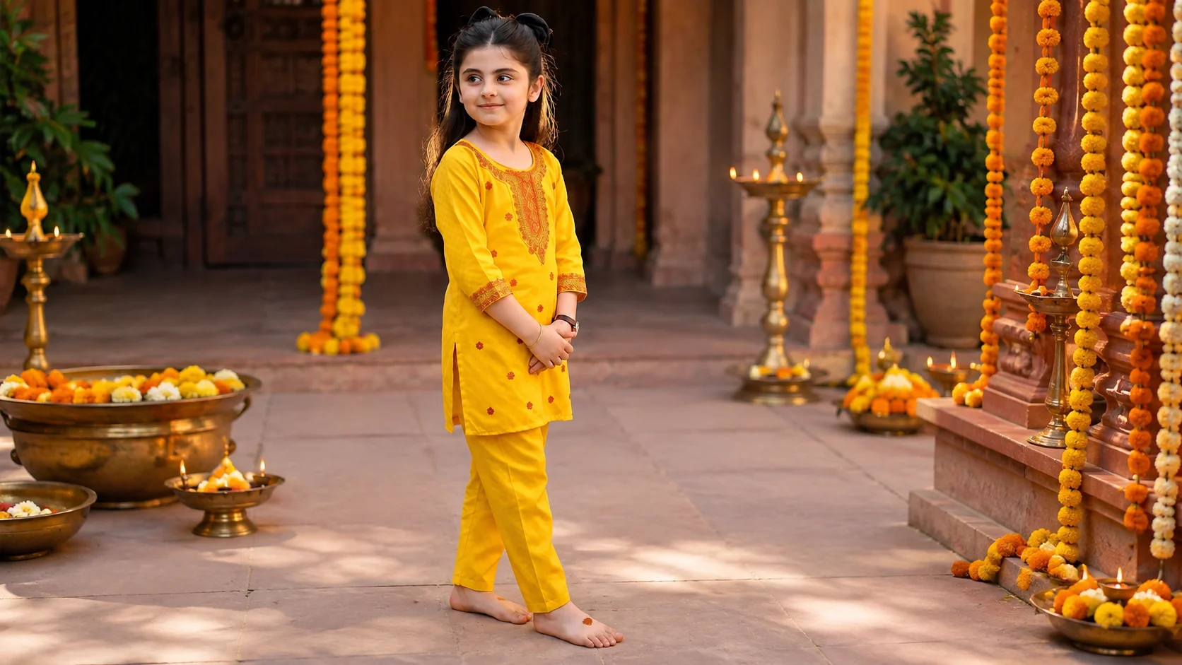 Bright yellow girls festive kurta set with warm embroidered-style detailing for traditional occasion styling