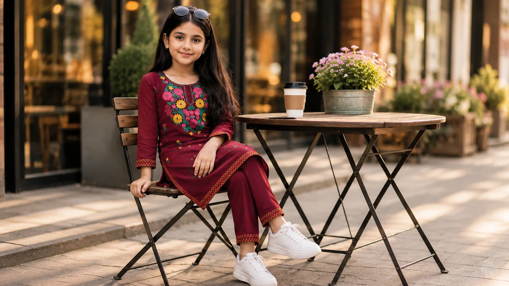Burgundy floral girls kurta set styled as an effortless everyday outfit with simple white sneakers.