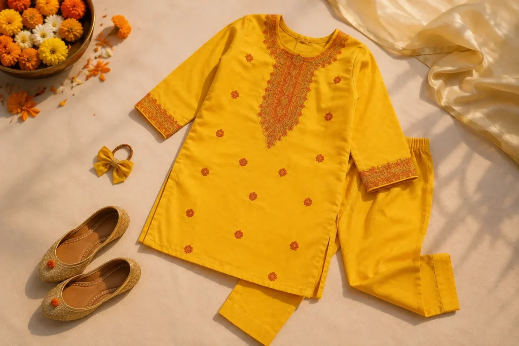 Girls yellow festive kurta styling inspiration with simple age-appropriate accessories