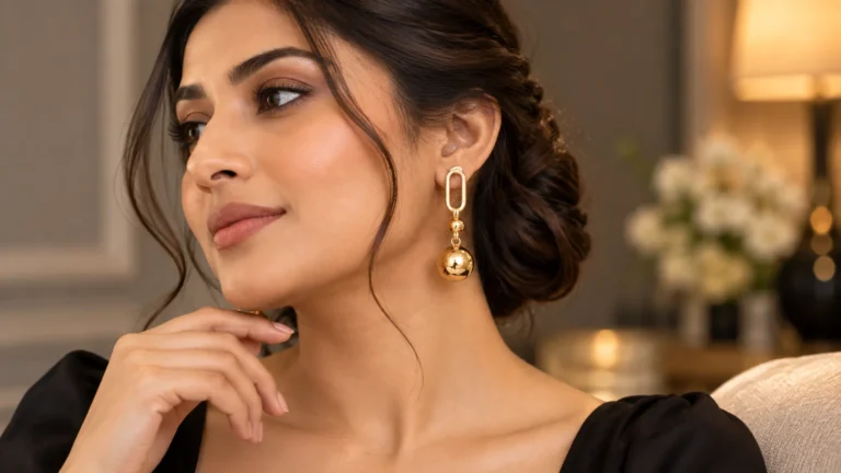 Woman with swept-back hair wearing gold-tone geometric drop earrings with a simple dark neckline.