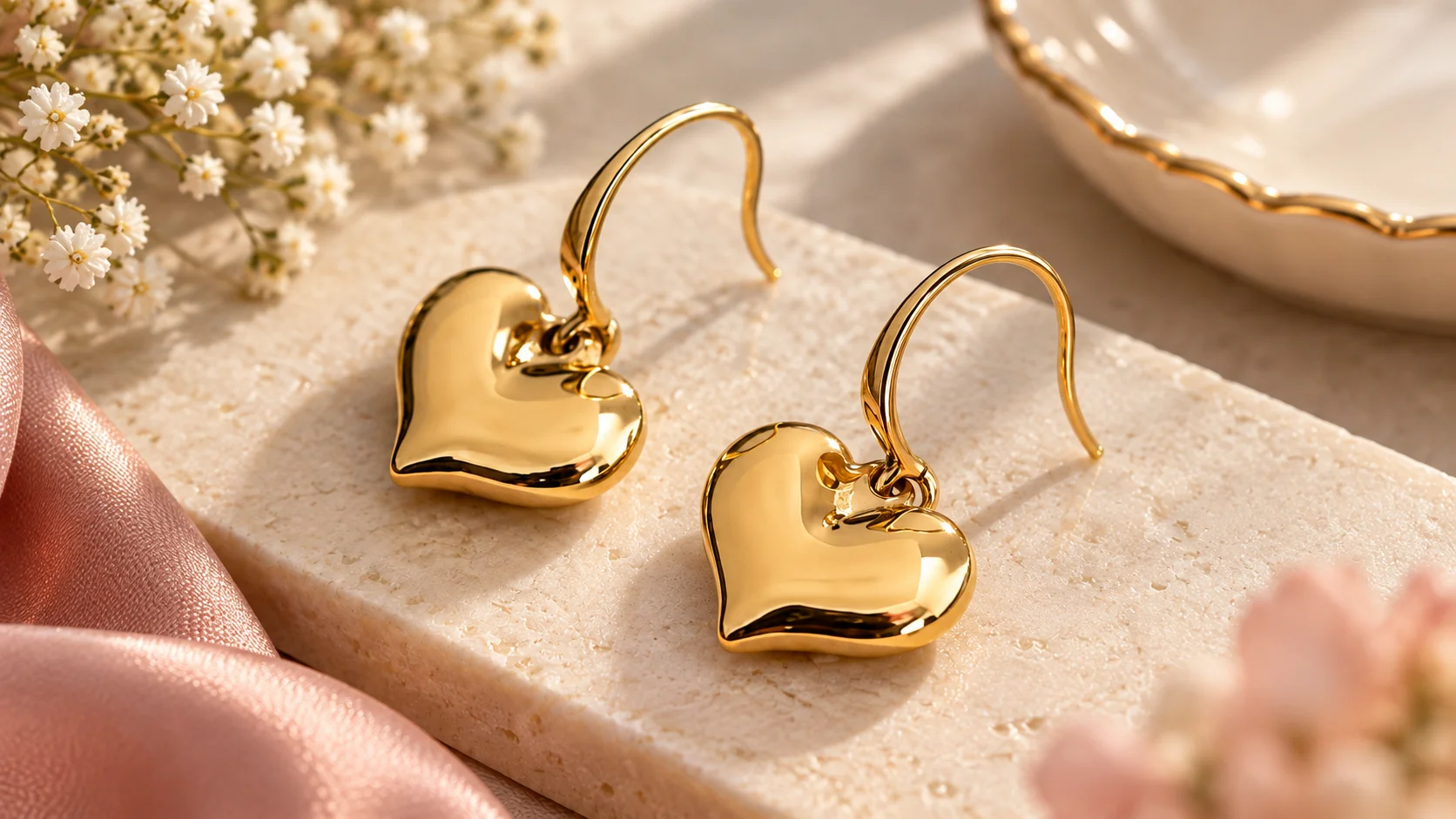 Gold-tone heart earrings styled in an elegant editorial jewellery setting for a women’s jewellery styling guide.