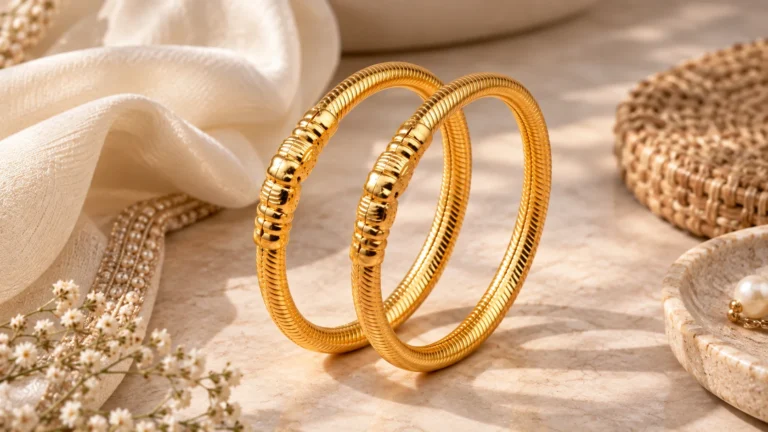 Gold-tone kada bangles styling with ivory fabric and understated neutral accessories as incomplete outfit inspiration.