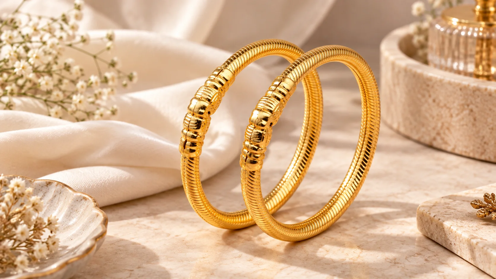 Gold-tone kada bangles styling featuring a matching pair of round textured bangles in an elegant women’s jewellery editorial setting.