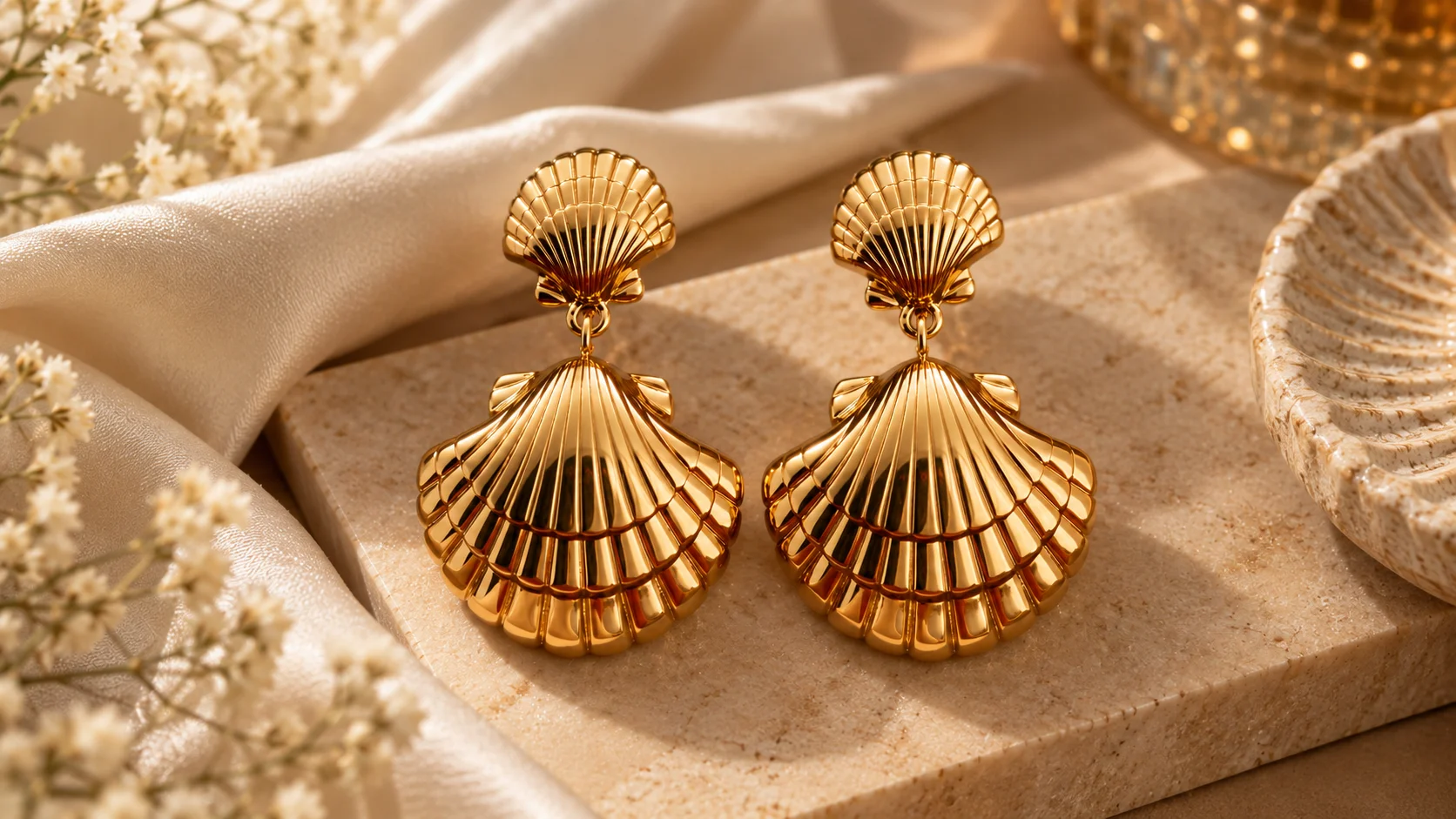 Gold-tone statement earrings with sculptural fan-shaped details styled in an elegant women’s jewellery editorial setting.