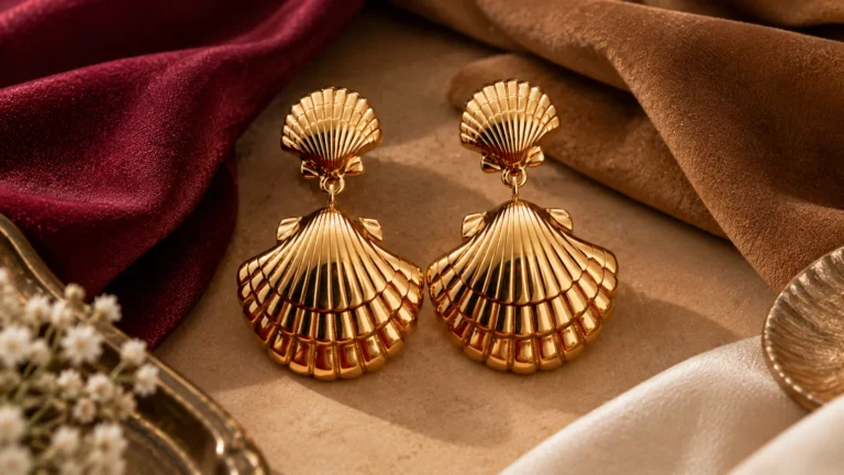 Gold-tone statement earrings styled with burgundy, camel and ivory colour accents for warm jewellery styling inspiration.