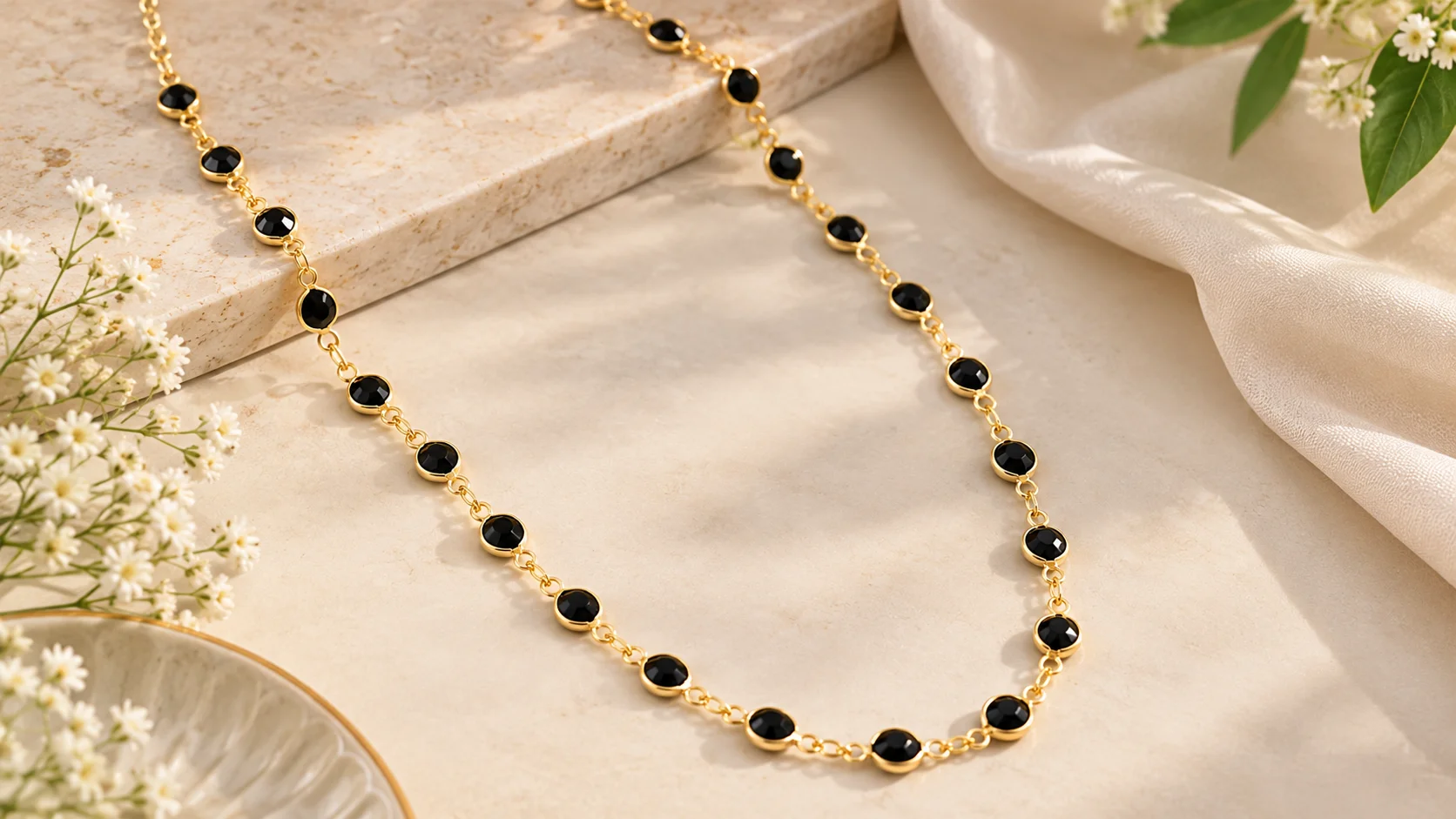 Gold-tone stone-studded chain with dark accents arranged in an elegant editorial jewellery setting.