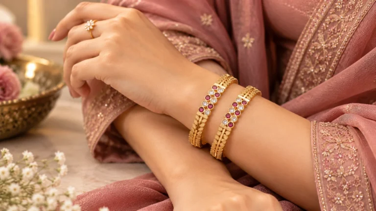 Woman styling golden-tone bangles with clear and deep pink accents against a soft rose-toned outfit.
