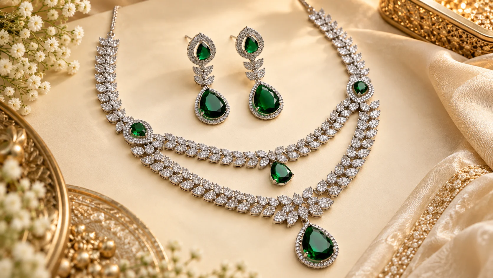 Green American diamond jewellery set with matching necklace and earrings arranged in an elegant occasion styling scene.