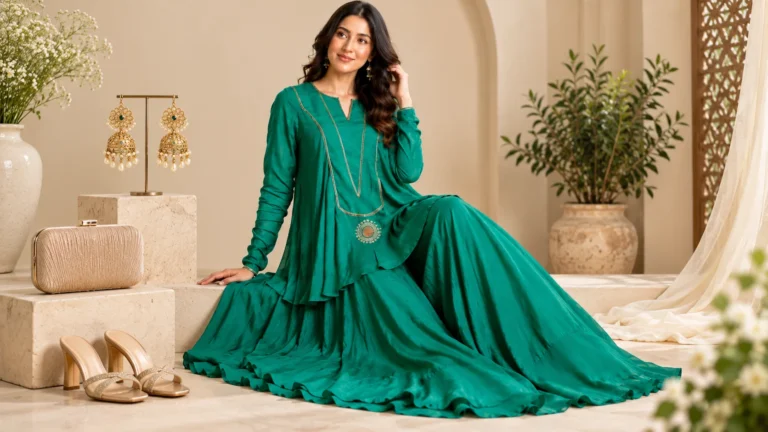 Green ethnic outfit with earrings, compact occasion bag and footwear styling inspiration.