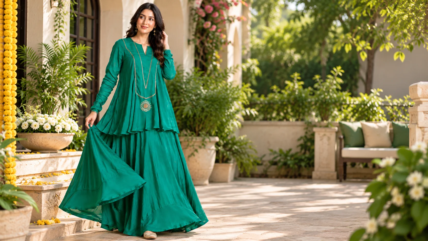 Woman wearing a flowing green ethnic outfit with gold-tone detailing for green ethnic outfit styling inspiration.