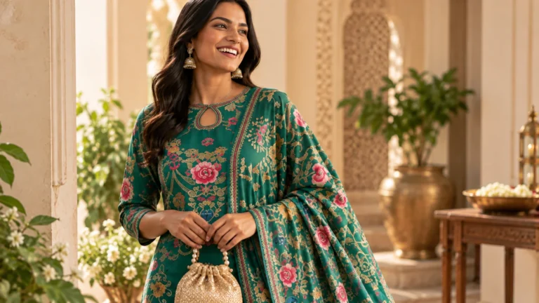 Green ethnic wear styling detail showing a floral outfit with a coordinated dupatta draped over one shoulder.