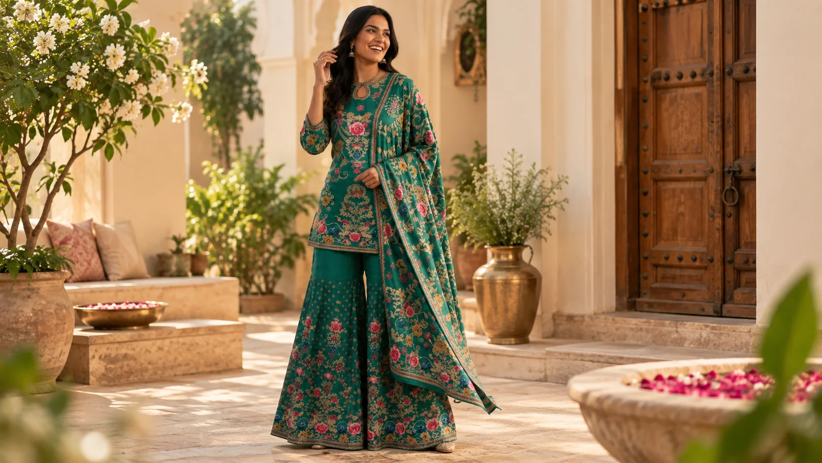 Green ethnic wear styling featuring a floral patterned green outfit with coordinated wide-leg bottoms and a statement dupatta.