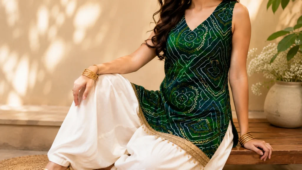 Deep green patterned ethnic wear paired with ivory bottoms as a balanced women’s outfit colour combination.