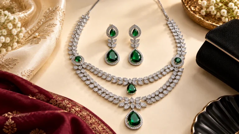 Green statement jewellery beside ivory, burgundy and black styling accents for occasion outfit inspiration.