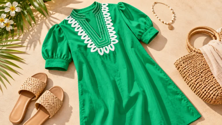 Green summer dress styling flat lay with neutral sandals, a woven bag detail and restrained Jewellery for holiday outfit inspiration.