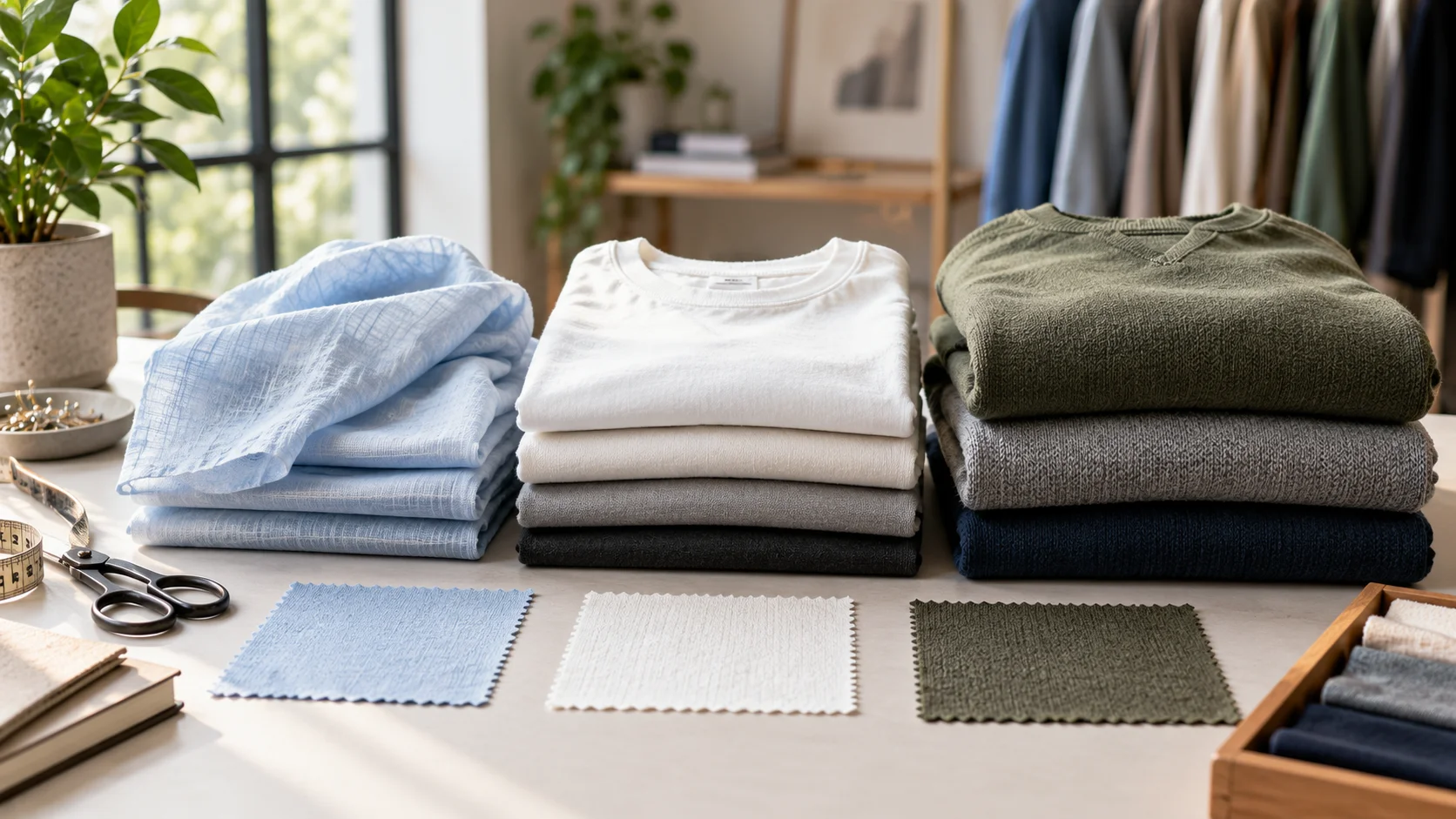 Clothing arranged in a modern wardrobe setting for a guide explaining GSM in clothing and how fabric weight matters.