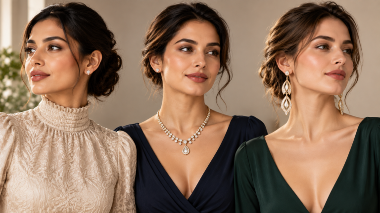 Choosing earrings for high and low necklines by balancing stud earrings, statement earrings and necklace styling.