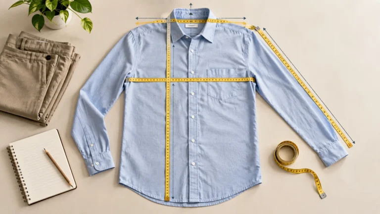 Shirt laid flat with a measuring tape showing how to check garment measurements before buying clothes online