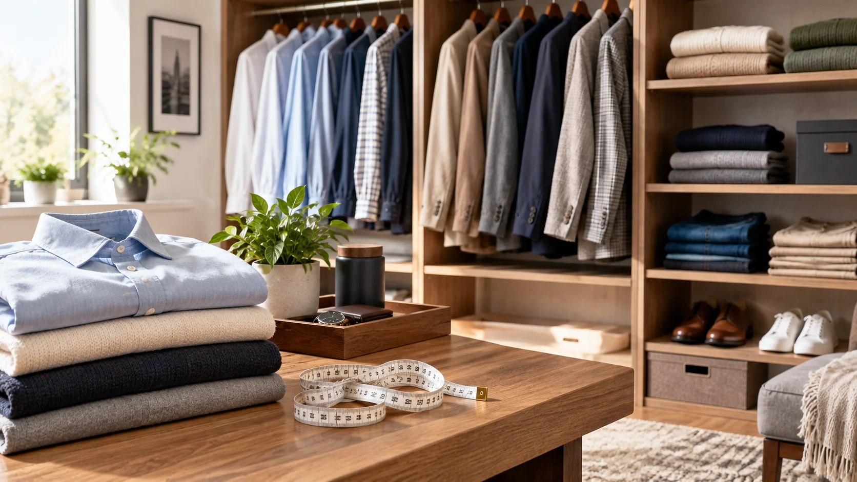 Organised men’s wardrobe with shirts, jackets, folded clothing and storage illustrating how to measure yourself for online clothing shopping.