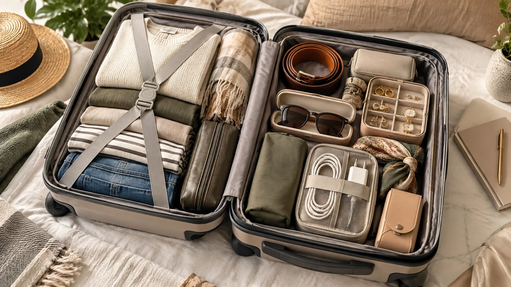 How to pack accessories efficiently using compact travel organisers and space-saving suitcase packing.