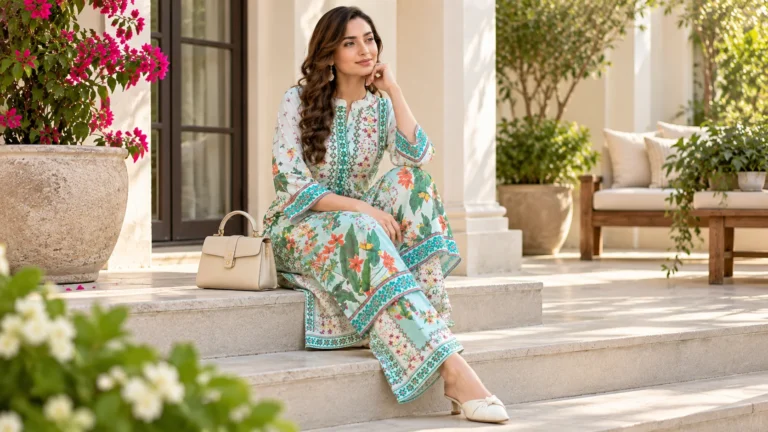 Floral co-ord outfit styled with understated neutral accessories for a balanced women’s everyday look.