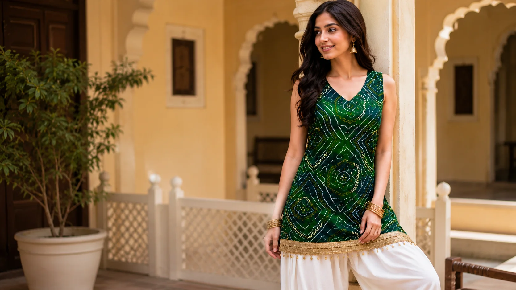 Woman wearing green ethnic wear with ivory bottoms, showing an elegant green and neutral outfit styling idea.