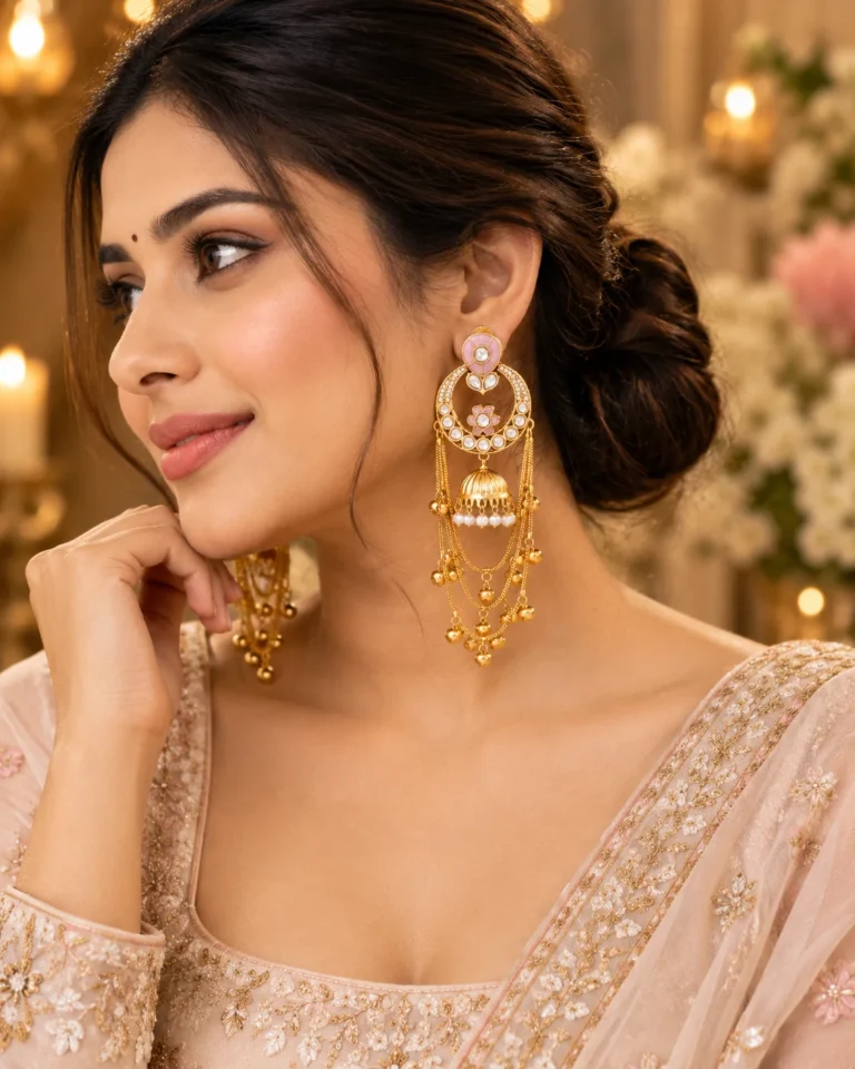 Woman styling long kundan statement earrings with a soft traditional outfit and swept-back hairstyle.
