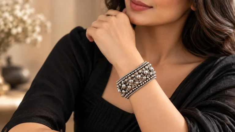 Woman wearing an ornate silver-tone statement cuff bracelet with a simple dark outfit for balanced jewellery styling.