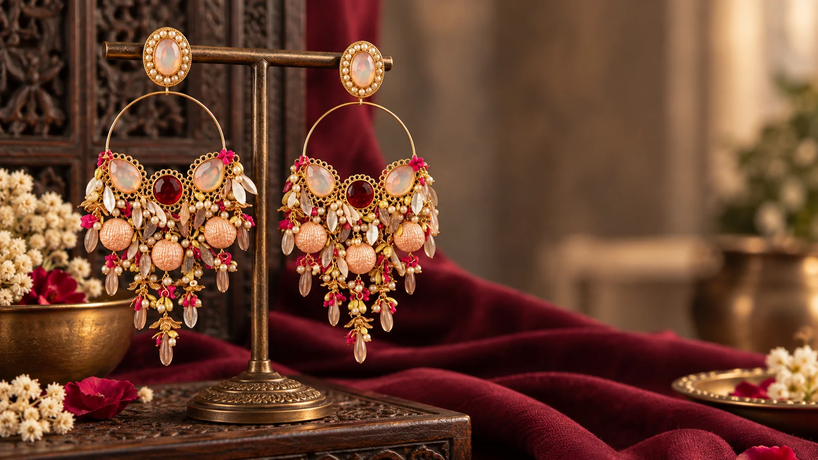 Ornate colourful statement earrings with golden-tone circular detailing, peach accents, deep red details and decorative dangling elements.